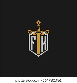 Monograma inicial de FK para imagem em estilo escudo e espada