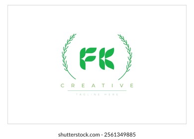 FK letters eco logo with leaf. Fresh nature and healthy leaf logo design.