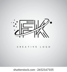 Logotipo de Monograma de Órbita FK - Marca de Letra Mínima Futurista com Linha de Arte Circular, Pontos Inspirados na Tecnologia e Conceito de Movimento Espacial para Identidade de Marca Moderna