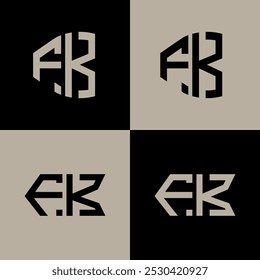 FK polygon, circle, hexagon, flat and simple letter logo set in one artboard. FK minimalist and classic logo.
