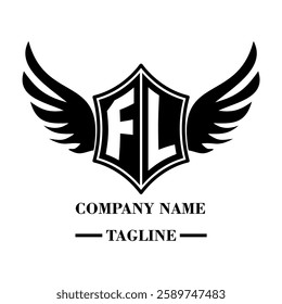 FL A bold winged shield emblem with customizable initials A-Z. Sleek black-and-white vector, perfect for branding, sports teams, motorcycle clubs, gaming,apparel and High-quality
