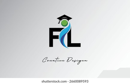 FL Creative Letter Logo with Graduation Cap and Abstract Human – Modern Education and Learning Symbol Design	