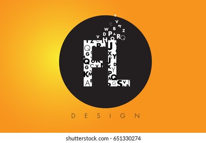 FL F L Logo Design Made of Small Letters with Black Circle and Yellow Background.