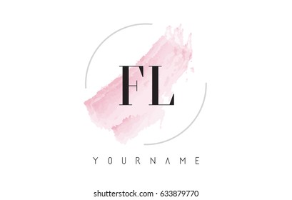 FL F L Watercolor Letter Logo Design with Circular Shape and Pastel Pink Brush.