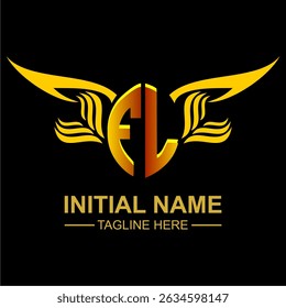 FL Golden Wing Emblem Logo con elegantes alas doradas, diseño elegante y moderno. Ideal para branding, proyectos creativos, negocios de lujo o emprendimientos artísticos.