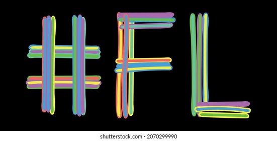 FL Hashtag. Multicolored bright isolate curves doodle letters. Hashtag #FL is abbreviation for the USA state Florida for social network, web resources, mobile apps.
