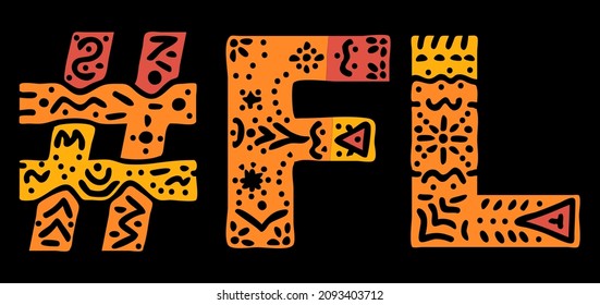 FL Hashtag. Multicolored bright isolate curves doodle letters. Hashtag #FL is abbreviation for the US American state Florida for social network, web resources, mobile apps.