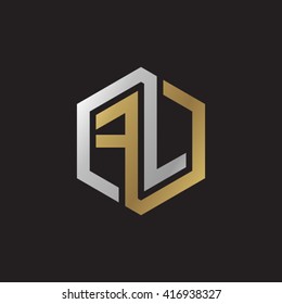FL initial letters loop linked hexagon elegant logo golden silver black background