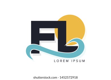 FL letter logo with ocean waves and sunset. Beach concept design