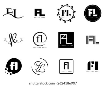 FL logo company template. Letter f and l logotype. Set different classic serif lettering and modern bold text with design elements. Initial font typography. Collection trendy business identity.