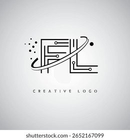 FL Orbit Monogram Logo – Futuristic Minimal Letter mark with Circular Line Art, Tech-Inspired Dots and Space Motion Concept for Modern Branding Identity