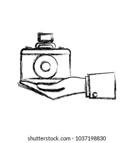 fla line  uncolored  hand with camera over white background  vector illustration