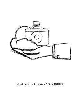 fla line  uncolored  hand with camera over white background  vector illustration