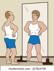 Flabby, balding man sees himself as being physically fit in mirror