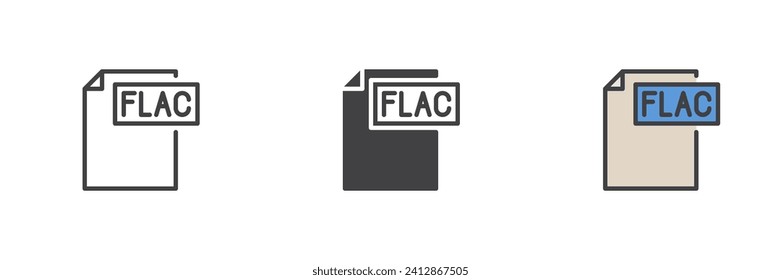 FLAC file different style icon set. Line, glyph and filled outline colorful version, outline and filled vector sign. Symbol, logo illustration. Vector graphics