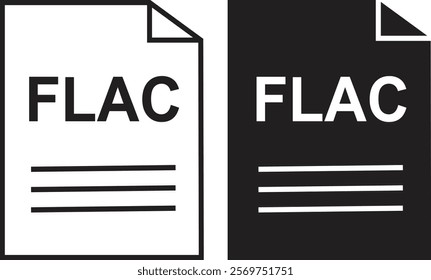 FLAC icon set. FLAC file type symbol. File FLAC format icon in black filled and outlined style isolated on transparent background. Ideal for technology or data related content, vector illustration.