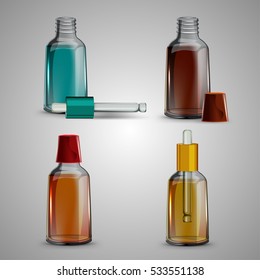 Flacons and phials with pipette mock up set. Vector illustration isolated on a light grey background. Realistic essential oil or liquid bottles. 