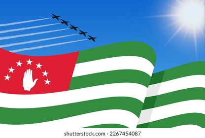 Flag of Abkhazia and a fighter plane formation flying in the sky. 30th September Independence day Abkhazia. Military aviation in the blue sky. Vector illustration