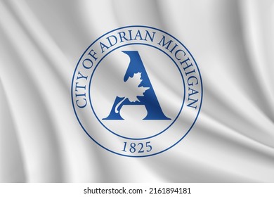 Flag of Adrian, Michigan, USA. Realistic waving flag of Adrian vector background.
