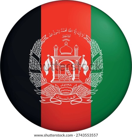 Flag of Afghanistan. Glossy circular flag. Button appearance. 3D Icon Design with depth. Professional, tactile look. Perfect for representing national identity in digital interfaces and perfect for websites