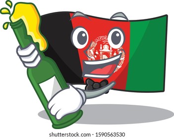 Flag afghanistan Scroll with bottle of beer mascot cartoon style