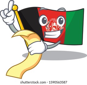 Flag afghanistan Scroll cartoon character holding menu ready to serve