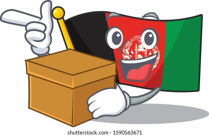 Flag afghanistan Scroll cartoon character bringing a box