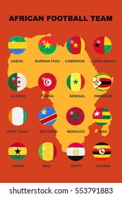 Flag of African football team in soccer design on Africa map background in vector illustration. Concept design for sport template