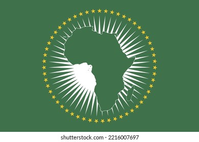 Bandera de la Unión Africana, mapa verde oscuro del continente africano, más la península del Sinaí e islas frente a la costa, un sol blanco, rodeado por un círculo de 55 estrellas doradas de 5 puntas, un campo verde oscuro