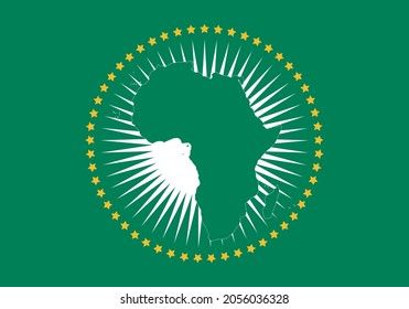 
Flag of the African Union. Flag with the silhouette of the African continent and islands around on a green background