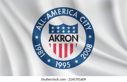 Flag of Akron, Ohio, USA. Realistic waving flag of Akron vector background.