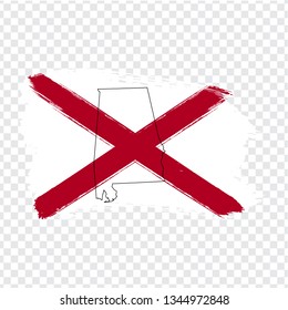 Flag of Alabama from brush strokes and Blank map Alabama. United States of America. High quality map of Alabama  and flag on transparent background. Stock vector. Vector illustration EPS10.