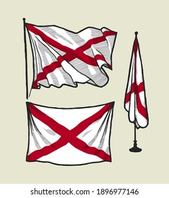 Flag of Alabama on the wind and on the wall illustration set