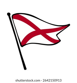 Flag of Alabama United States of America. Alabama flag vector illustration icon design in the hand-drawn style. Fluttering flagpole flag.