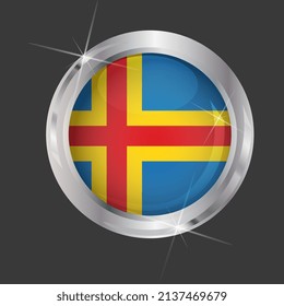 Flag of Aland Islands in circle. 3D effect. Glossy and shiny button with metal frame and sparkles. Light reflection. Round Graphic design element. Isolated on gray background. Vector image EPS 10. 