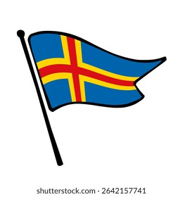 Flag of Aland. Aland flag vector illustration icon design in the hand-drawn style. Fluttering flagpole flag.