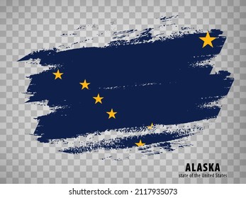 Flag of Alaska from brush strokes. United States of America.  Flag Alaska with title on transparent background for your web site design, app, UI. USA. Vector illustration. EPS10.