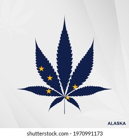 Flag of Alaska in Marijuana leaf shape. The concept of legalization Cannabis in Alaska. Medical cannabis illustration.