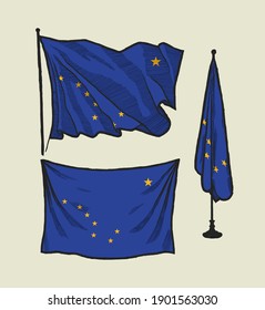 Flag of Alaska on the wind and on the wall illustration set