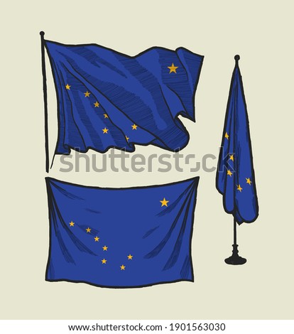 Flag of Alaska on the wind and on the wall illustration set