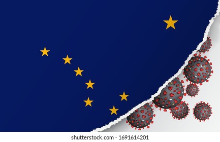 Flag of Alaska state with outbreak viruses deadly coronavirus COVID-19. Banner with the spread of Coronavirus against background of the national flag. USA Lockdown. Concept of quarantine. Stay at home