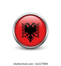 Flag of Albania, button with metal frame and shadow