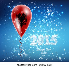 flag of Albania. The celebration and gifts. Balloon on Happy New Year. Merry Christmas. The sky sparkles with stars and snowflakes. Vector. Icon. 