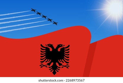 Flag of Albania and a fighter plane formation flying in the sky. Independence day Albania. Military aviation in the blue sky. Vector illustration