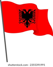 Bandera: Albania vuela. Bandera oficial Albania vuela de asta. Día de la Independencia. Cartel, volante, plantilla de afiches. Bandera nacional Albania con escudo de armas. Bandera ondulada Albania.