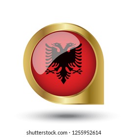 Flag of Albania, location map pin, pointer flag, button with the reflection of light and shadow, gold frame, Icon country. Realistic vector illustration on white background.