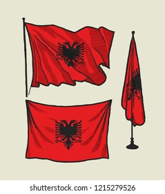 Flag of Albania on the wind and on the wall illustration set
