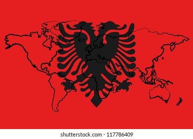 The flag of Albania with the outline of the world