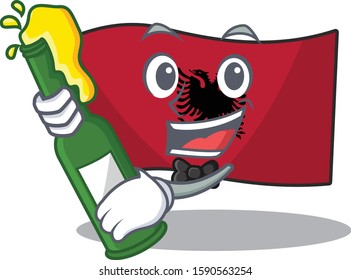 Flag albania Scroll with bottle of beer mascot cartoon style