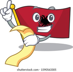Flag albania Scroll cartoon character holding menu ready to serve
